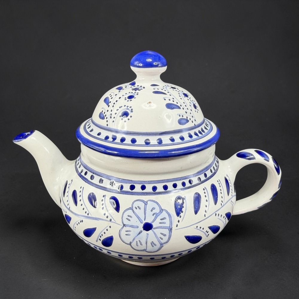 Le Souk Ceramique Teapot Sabrine Blue White Hand Painted Pottery Made in Tunisia